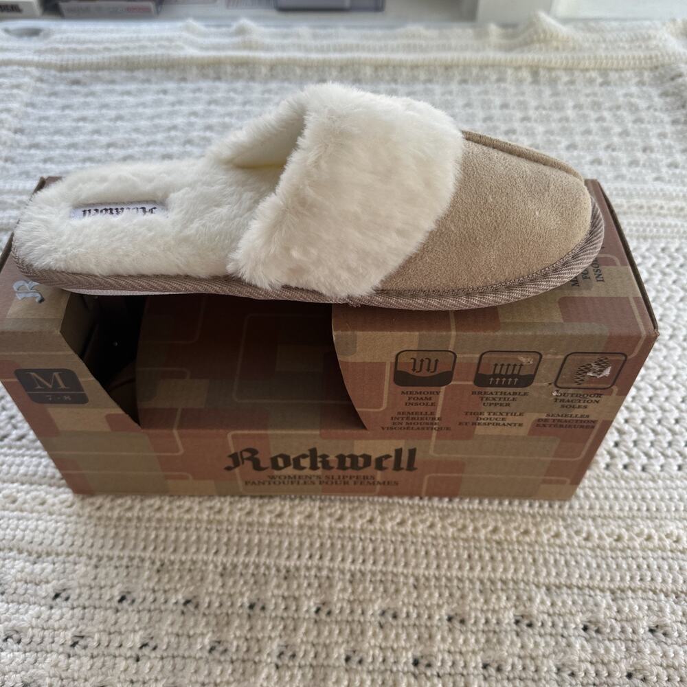 Rockwell Women's Tan Scuff-Style Slippers with Faux Fur Trim , Size M (7-8)